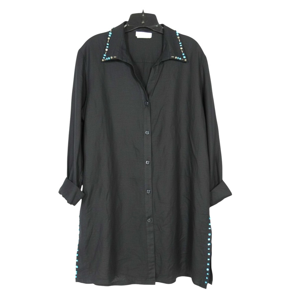 GREAT CAVALIER Black LINEN BLEND Button TURQUOISE/BEADED TRIM Tunic/Blouse Sz M